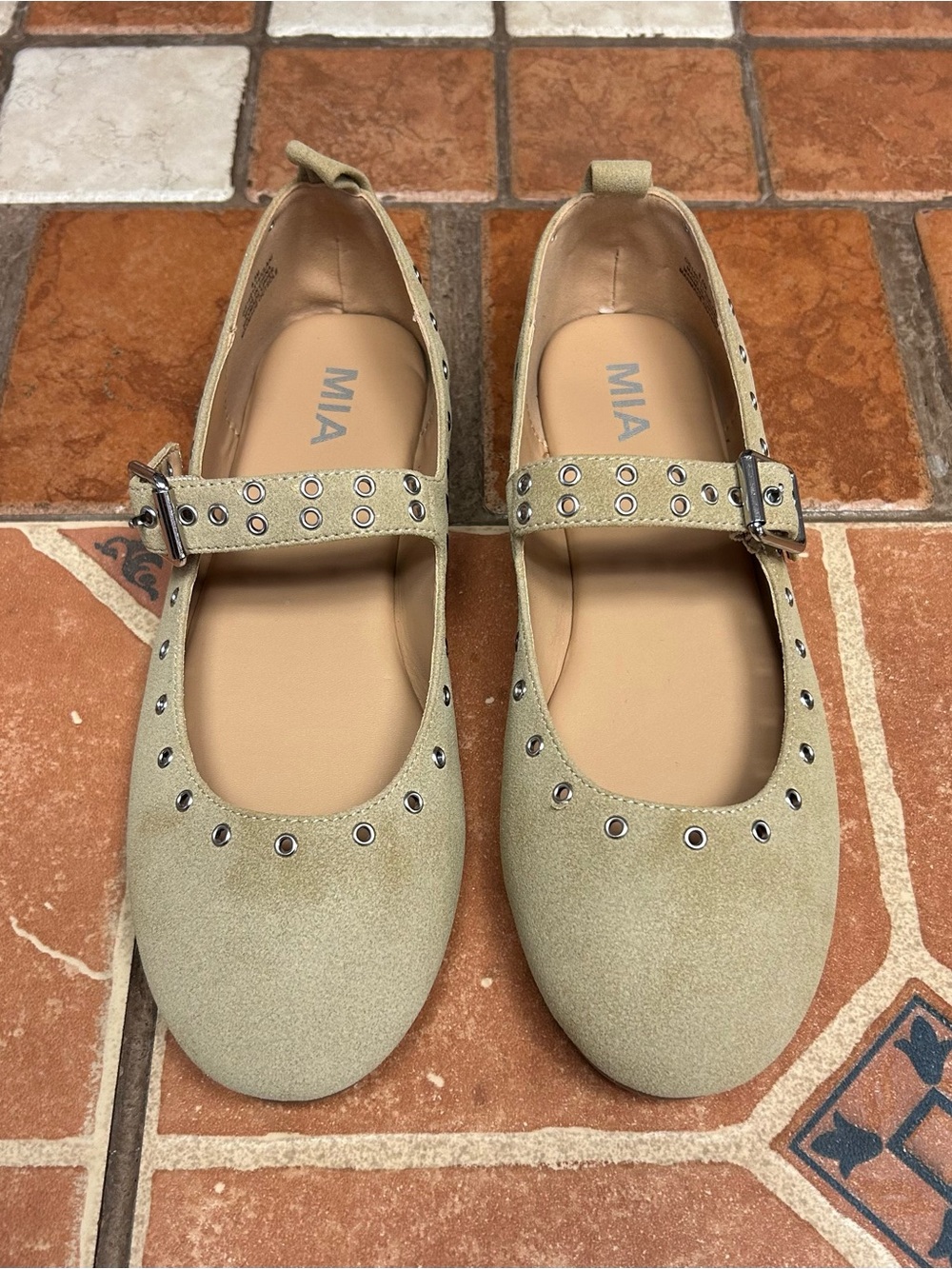 MIA Womens’ Tan Mary Jane Flats with Stud Detail